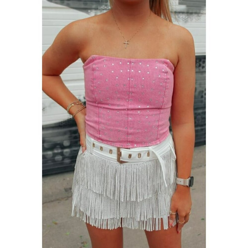 Born To Shine Belted Rhinestone Fringe Shorts in White - Picture 2 of 10